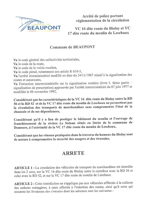 Arrete circulation route du Biolay route du Moulin de Leschaux page 0001